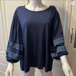 DG2 by DIANE GILMAN Navy‎ Embroidered Balloon-Sleeve Top Blouse Tee (2X)
